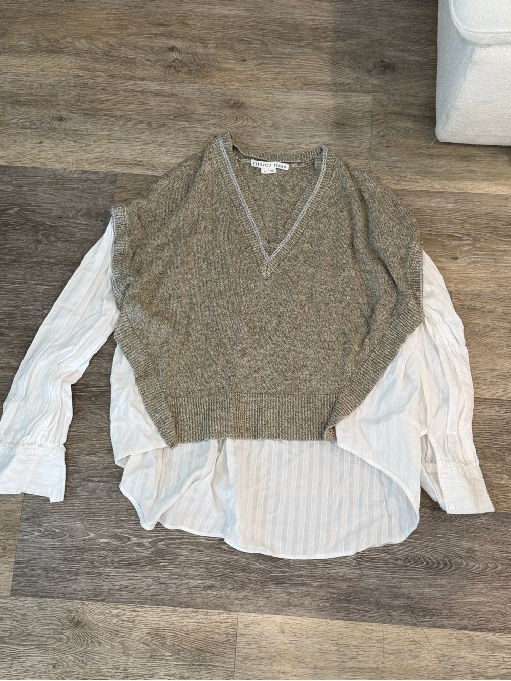 Veronica Beard Layered V-Neck Knit Sweater Vest in Olive Taupe